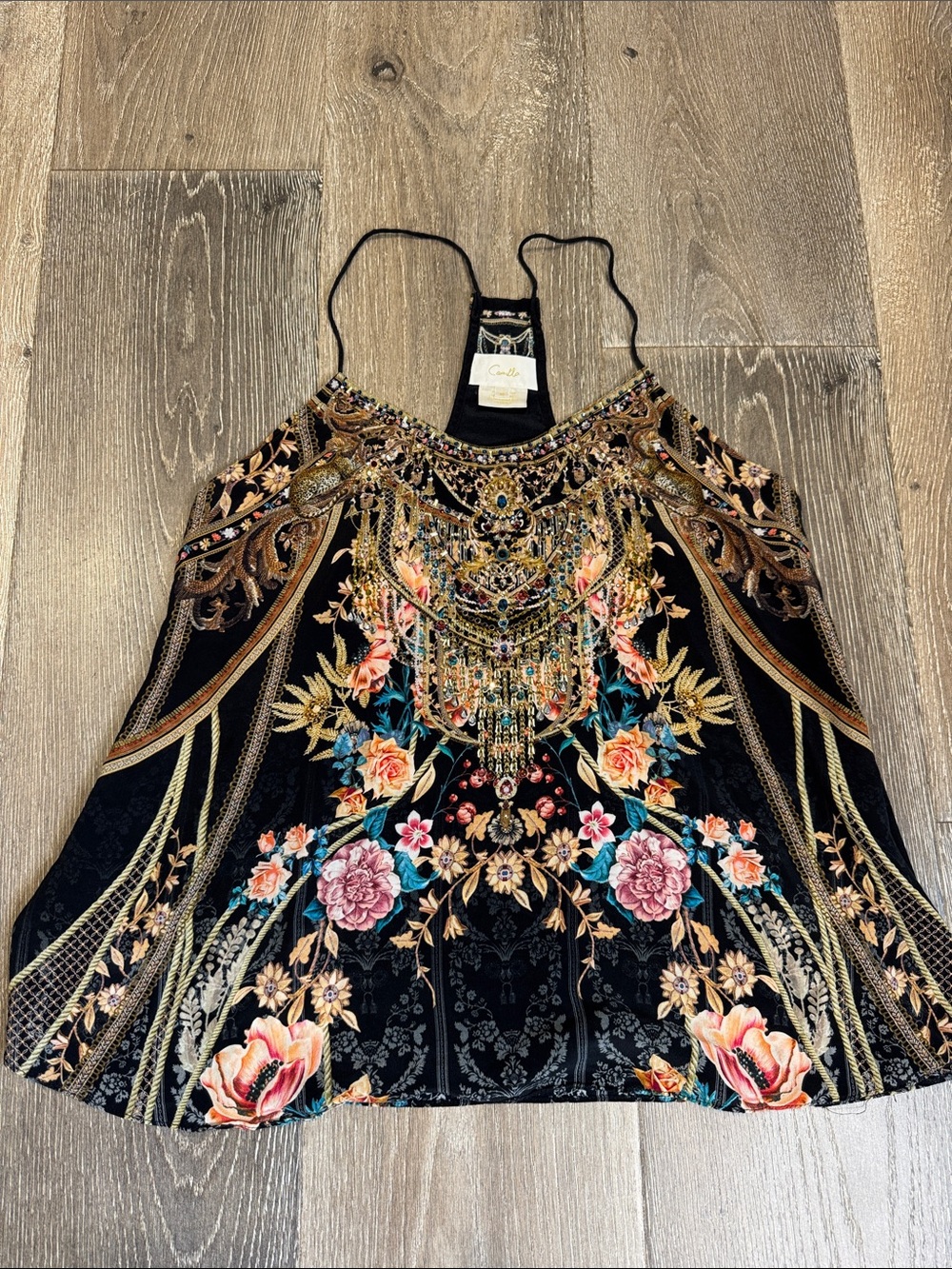 Camilla 100% Silk  Black Floral Embellished Silk Cami